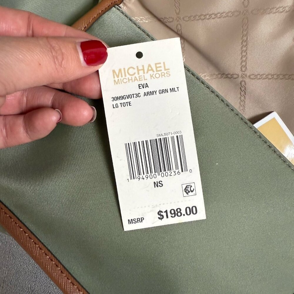 Michael Kors Eva Large Nylon Leather Tote Wh Match Pouch Army Green Timeless - Picture 10 of 16